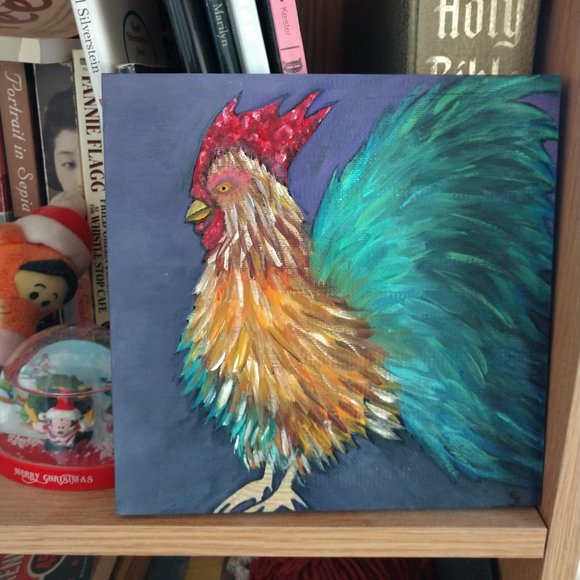 Handmade Painting Of A Rooster On 8x8 Wooden Square Canvas Hand Painted Chicken - Picture 15 of 16